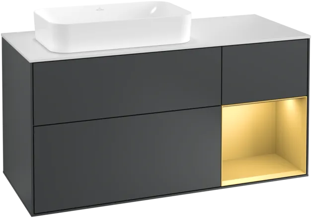 VILLEROY BOCH Toaletní skříňka Finion, s osvětlením, 3 výsuvy, 1200 x 603 x 501 mm, Midnight Blue Matt Lacquer / Gold Matt Lacquer / Glass White Matt #F281HFHG