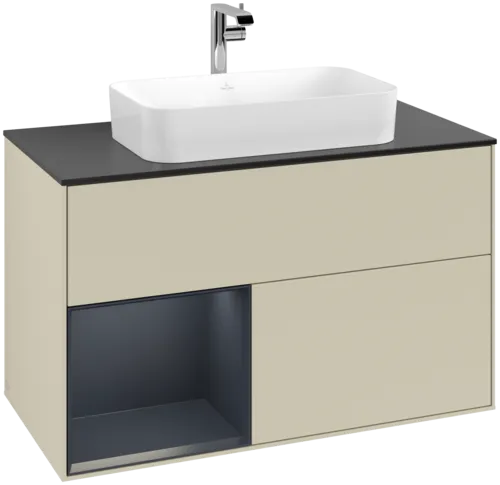 VILLEROY BOCH Toaletní skříňka Finion, s osvětlením, 2 výsuvy, 1000 x 603 x 501 mm, Silk Grey Matt Lacquer / Midnight Blue Matt Lacquer / Glass Black Matt #F242HGHJ