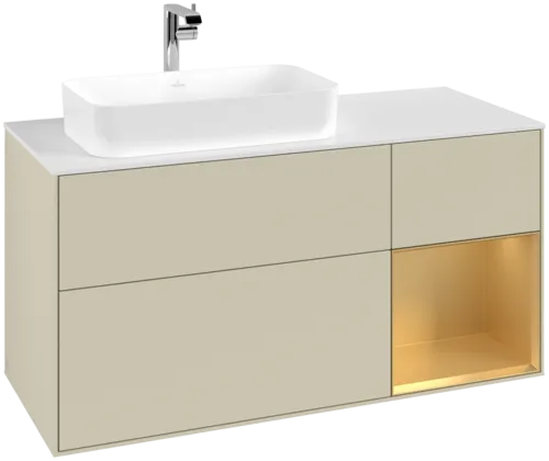 VILLEROY BOCH Toaletní skříňka Finion, s osvětlením, 3 výsuvy, 1200 x 603 x 501 mm, Silk Grey Matt Lacquer / Gold Matt Lacquer / Glass White Matt #F281HFHJ
