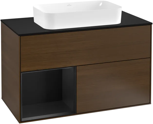 VILLEROY BOCH Toaletní skříňka Finion, s osvětlením, 2 výsuvy, 1000 x 603 x 501 mm, ořechová dýha / černý matný lak / černé matné sklo #F242PDGN
