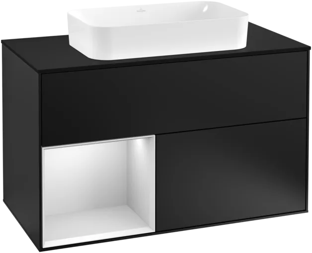 VILLEROY BOCH Umyvadlová skříňka Finion, s osvětlením, 2 výsuvy, 1000 x 603 x 501 mm, černý matný lak / bílý matný lak / černé matné sklo #F242MTPD