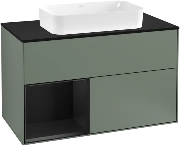 VILLEROY BOCH Toaletní skříňka Finion, s osvětlením, 2 výsuvy, 1000 x 603 x 501 mm, olivový matný lak / černý matný lak / černé matné sklo #F242PDGM