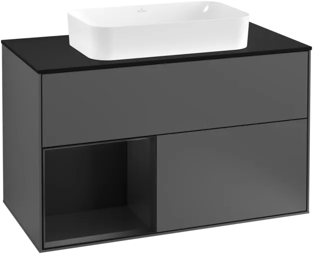 VILLEROY BOCH Toaletní skříňka Finion, s osvětlením, 2 výsuvy, 1000 x 603 x 501 mm, antracitový matný lak / černý matný lak / černé matné sklo #F242PDGK