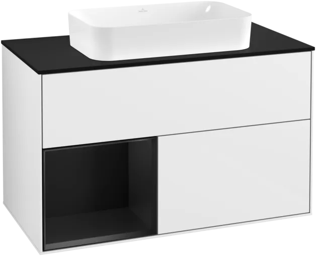 VILLEROY BOCH Umyvadlová skříňka Finion, s osvětlením, 2 výsuvy, 1000 x 603 x 501 mm, lesklý bílý lak / černý matný lak / černé matné sklo #F242PDGF