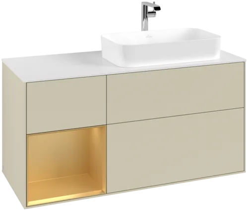 VILLEROY BOCH Toaletní skříňka Finion, s osvětlením, 3 výsuvy, 1200 x 603 x 501 mm, Silk Grey Matt Lacquer / Gold Matt Lacquer / Glass White Matt #F271HFHJ