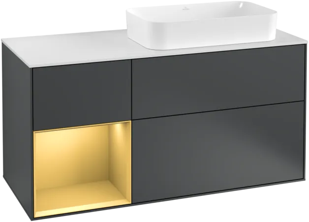 VILLEROY BOCH Toaletní skříňka Finion, s osvětlením, 3 výsuvy, 1200 x 603 x 501 mm, Midnight Blue Matt Lacquer / Gold Matt Lacquer / Glass White Matt #F271HFHG