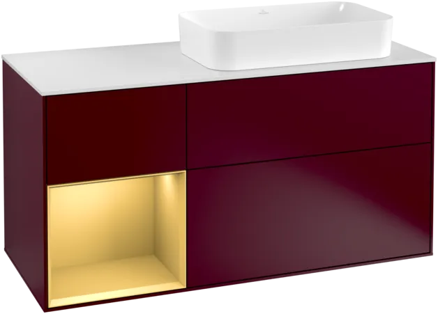 VILLEROY BOCH Toaletní skříňka Finion, s osvětlením, 3 výsuvy, 1200 x 603 x 501 mm, Peony Matt Lacquer / Gold Matt Lacquer / Glass White Matt #F271HFHB