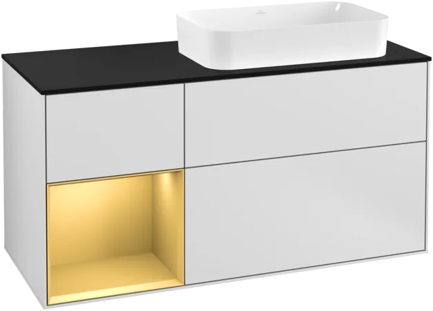 VILLEROY BOCH Toaletní skříňka Finion, s osvětlením, 3 výsuvy, 1200 x 603 x 501 mm, bílý matný lak / zlatý matný lak / černé matné sklo #F272HFMT