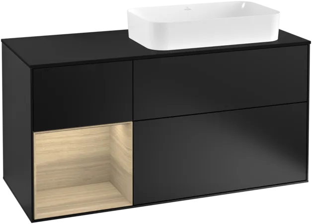VILLEROY BOCH Toaletní skříňka Finion, s osvětlením, 3 výsuvy, 1200 x 603 x 501 mm, černý matný lak / dubová dýha / černé matné sklo #F272PCPD