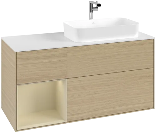 VILLEROY BOCH Toaletní skříňka Finion, s osvětlením, 3 výsuvy, 1200 x 603 x 501 mm, dubová dýha / hedvábně šedý matný lak / sklo bílé matné #F271HJPC