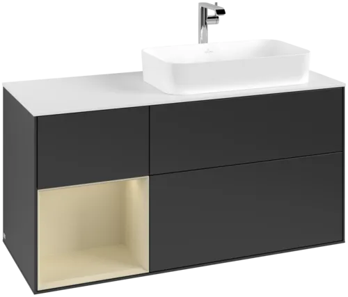 VILLEROY BOCH Toaletní skříňka Finion, s osvětlením, 3 výsuvy, 1200 x 603 x 501 mm, černý matný lak / hedvábně šedý matný lak / bílé matné sklo #F271HJPD