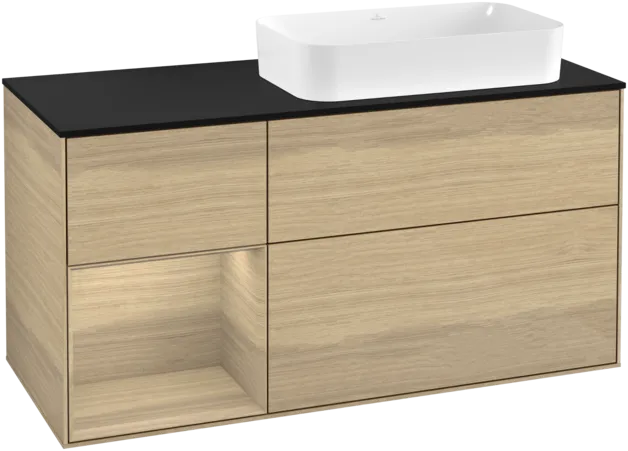 VILLEROY BOCH Toaletní stolek Finion, s osvětlením, 3 výsuvy, 1200 x 603 x 501 mm, dubová dýha / dubová dýha / sklo černé matné #F272PCPC