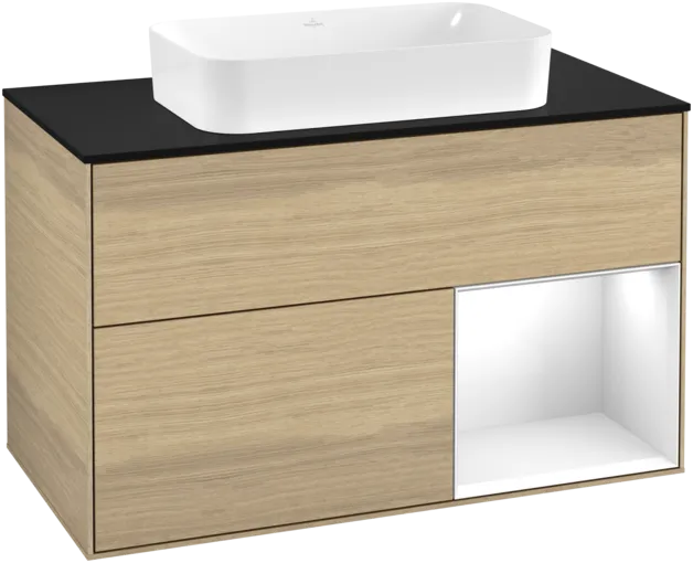 VILLEROY BOCH Toaletní skříňka Finion, s osvětlením, 2 výsuvy, 1000 x 603 x 501 mm, dubová dýha / lesklý bílý lak / černé matné sklo #F252GFPC