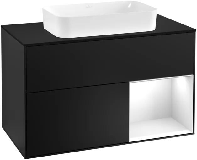 VILLEROY BOCH Umyvadlová skříňka Finion, s osvětlením, 2 výsuvy, 1000 x 603 x 501 mm, černý matný lak / lesklý bílý lak / černé matné sklo #F252GFPD