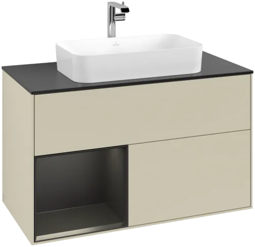 VILLEROY BOCH Toaletní skříňka Finion, s osvětlením, 2 výsuvy, 1000 x 603 x 501 mm, hedvábně šedý matný lak / černý matný lak / černé matné sklo #F242PDHJ