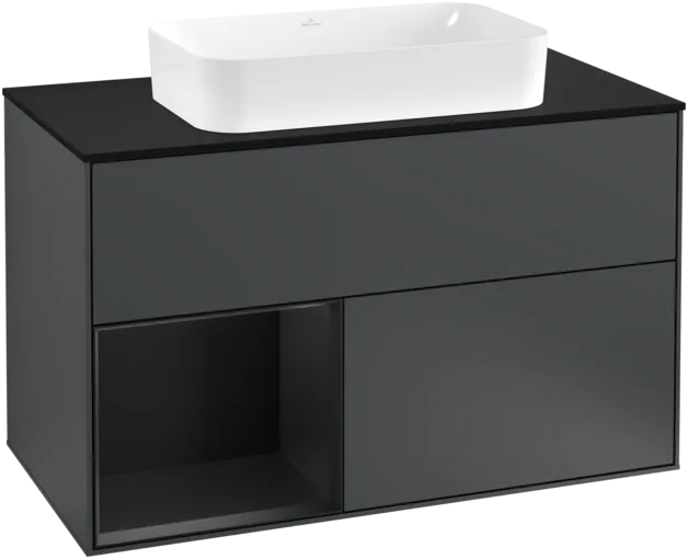 VILLEROY BOCH Toaletní skříňka Finion, s osvětlením, 2 výsuvy, 1000 x 603 x 501 mm, Midnight Blue Matt Lacquer / Black Matt Lacquer / Glass Black Matt #F242PDHG