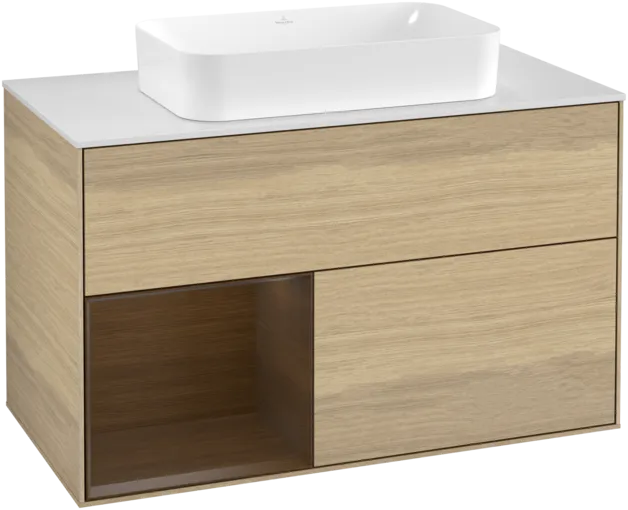 VILLEROY BOCH Umyvadlová skříňka Finion, s osvětlením, 2 výsuvy, 1000 x 603 x 501 mm, dubová dýha / ořechová dýha / sklo bílé matné #F241GNPC