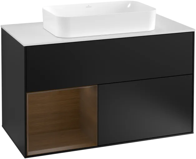 VILLEROY BOCH Toaletní skříňka Finion, s osvětlením, 2 výsuvy, 1000 x 603 x 501 mm, černý matný lak / ořechová dýha / sklo bílé matné #F241GNPD