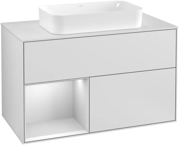 VILLEROY BOCH Toaletní skříňka Finion, s osvětlením, 2 výsuvy, 1000 x 603 x 501 mm, bílý matný lak / bílý matný lak / sklo bílé matné #F241MTMT