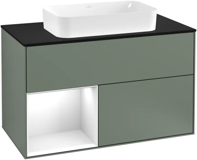 VILLEROY BOCH Toaletní skříňka Finion, s osvětlením, 2 výsuvy, 1000 x 603 x 501 mm, olivový matný lak / lesklý bílý lak / sklo černé matné #F242GFGM