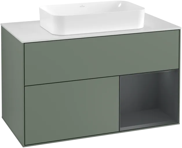 VILLEROY BOCH Toaletní skříňka Finion, s osvětlením, 2 výsuvy, 1000 x 603 x 501 mm, olivový matný lak / půlnoční modrý matný lak / bílé matné sklo #F251HGGM