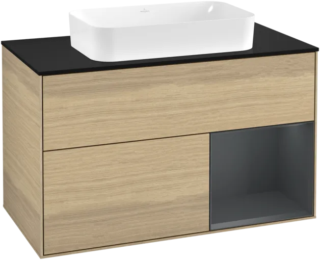 VILLEROY BOCH Toaletní skříňka Finion, s osvětlením, 2 výsuvy, 1000 x 603 x 501 mm, dubová dýha / půlnočně modrý matný lak / černé matné sklo #F252HGPC