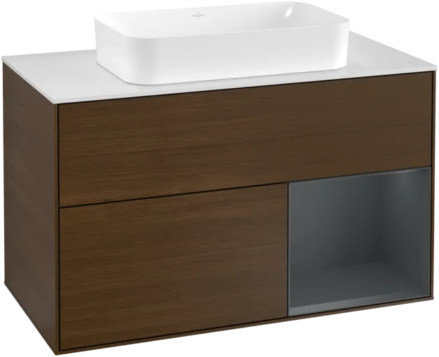 VILLEROY BOCH Toaletní skříňka Finion, s osvětlením, 2 výsuvy, 1000 x 603 x 501 mm, ořechová dýha / půlnočně modrý matný lak / sklo bílé matné #F251HGGN