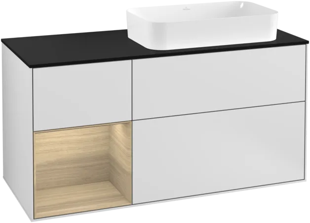 VILLEROY BOCH Toaletní skříňka Finion, s osvětlením, 3 výsuvy, 1200 x 603 x 501 mm, bílý matný lak / dubová dýha / černé matné sklo #F272PCMT