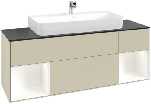 VILLEROY BOCH Toaletní skříňka Finion, s osvětlením, 4 výsuvy, 1600 x 603 x 501 mm, hedvábně šedý matný lak / bílý matný lak / černé matné sklo #F212MTHJ