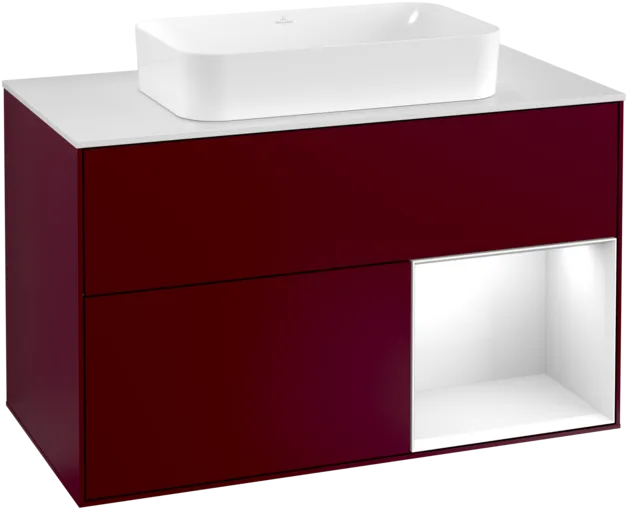 VILLEROY BOCH Toaletní skříňka Finion, s osvětlením, 2 výsuvy, 1000 x 603 x 501 mm, Pivoňka matný lak / lesklý bílý lak / sklo bílé matné #F251GFHB