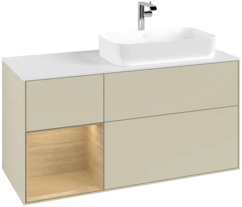 VILLEROY BOCH Toaletní skříňka Finion, s osvětlením, 3 výsuvy, 1200 x 603 x 501 mm, hedvábně šedý matný lak / dubová dýha / bílé matné sklo #F271PCHJ