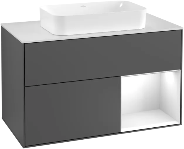 VILLEROY BOCH Toaletní skříňka Finion, s osvětlením, 2 výsuvy, 1000 x 603 x 501 mm, antracit matný lak / lesklý bílý lak / sklo bílé matné #F251GFGK