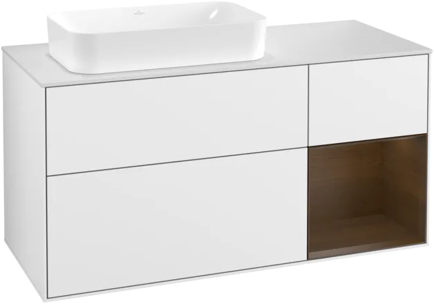 VILLEROY BOCH Toaletní skříňka Finion, s osvětlením, 3 výsuvy, 1200 x 603 x 501 mm, lesklý bílý lak / ořechová dýha / sklo bílé matné #F281GNGF