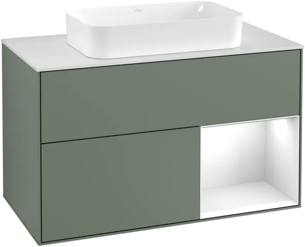 VILLEROY BOCH Toaletní skříňka Finion, s osvětlením, 2 výsuvy, 1000 x 603 x 501 mm, olivový matný lak / lesklý bílý lak / sklo bílé matné #F251GFGM