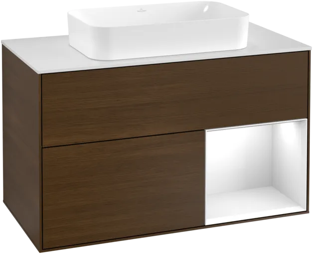 VILLEROY BOCH Toaletní stolek Finion, s osvětlením, 2 výsuvy, 1000 x 603 x 501 mm, ořechová dýha / lesklý bílý lak / sklo bílé matné #F251GFGN