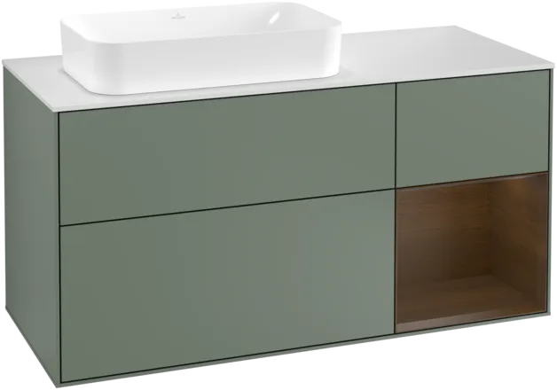 VILLEROY BOCH Toaletní skříňka Finion, s osvětlením, 3 výsuvy, 1200 x 603 x 501 mm, olivový matný lak / ořechová dýha / sklo bílé matné #F281GNGM
