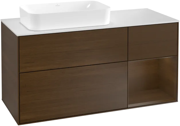 VILLEROY BOCH Toaletní skříňka Finion, s osvětlením, 3 výsuvy, 1200 x 603 x 501 mm, ořechová dýha / ořechová dýha / sklo bílé matné #F281GNGN