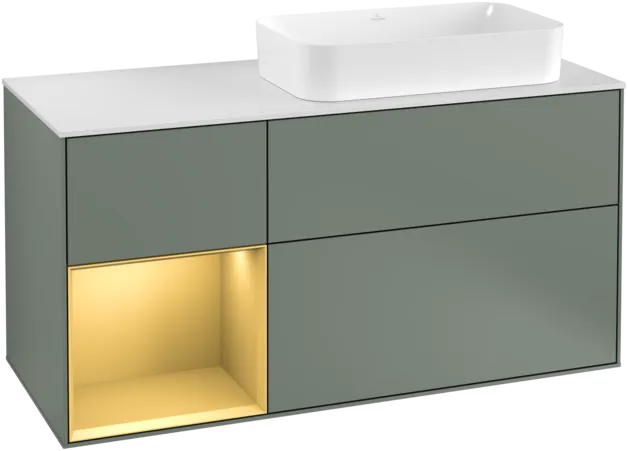 VILLEROY BOCH Toaletní skříňka Finion, s osvětlením, 3 výsuvy, 1200 x 603 x 501 mm, olivový matný lak / zlatý matný lak / bílé matné sklo #F271HFGM