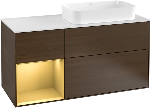 VILLEROY BOCH Toaletní skříňka Finion, s osvětlením, 3 výsuvy, 1200 x 603 x 501 mm, ořechová dýha / zlatý matný lak / sklo bílé matné #F271HFGN