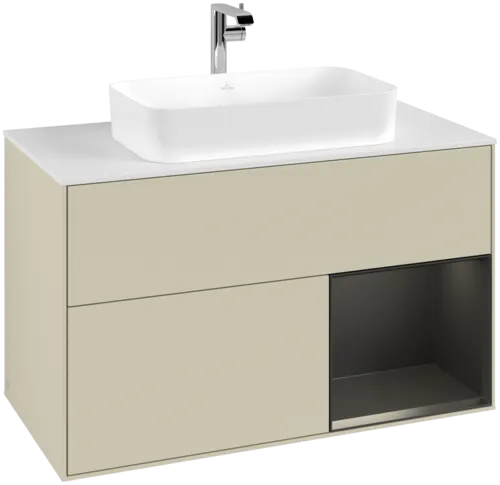 VILLEROY BOCH Toaletní skříňka Finion, s osvětlením, 2 výsuvy, 1000 x 603 x 501 mm, hedvábně šedý matný lak / černý matný lak / bílé matné sklo #F251PDHJ