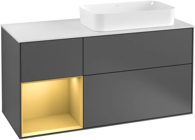 VILLEROY BOCH Toaletní skříňka Finion, s osvětlením, 3 výsuvy, 1200 x 603 x 501 mm, antracitový matný lak / zlatý matný lak / bílé matné sklo #F271HFGK