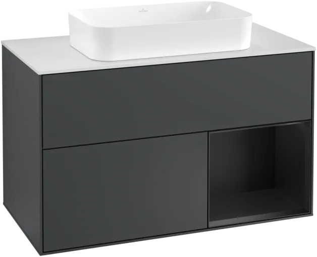 VILLEROY BOCH Toaletní skříňka Finion, s osvětlením, 2 výsuvy, 1000 x 603 x 501 mm, Midnight Blue Matt Lacquer / Black Matt Lacquer / Glass White Matt #F251PDHG
