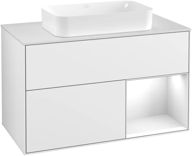 VILLEROY BOCH Toaletní skříňka Finion, s osvětlením, 2 výsuvy, 1000 x 603 x 501 mm, lesklý bílý lak / lesklý bílý lak / sklo bílé matné #F251GFGF