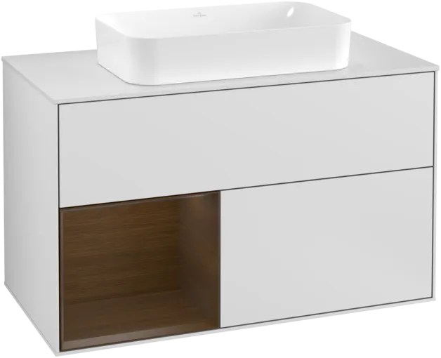 VILLEROY BOCH Toaletní skříňka Finion, s osvětlením, 2 výsuvy, 1000 x 603 x 501 mm, bílý matný lak / ořechová dýha / sklo bílé matné #F241GNMT
