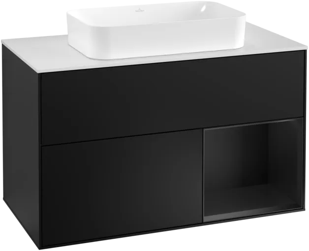 VILLEROY BOCH Toaletní skříňka Finion, s osvětlením, 2 výsuvy, 1000 x 603 x 501 mm, černý matný lak / černý matný lak / sklo bílé matné #F251PDPD