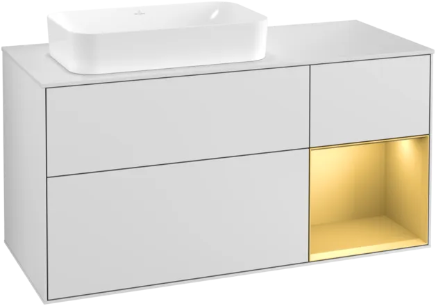 VILLEROY BOCH Toaletní skříňka Finion, s osvětlením, 3 výsuvy, 1200 x 603 x 501 mm, bílý matný lak / zlatý matný lak / bílé matné sklo #F281HFMT