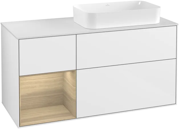VILLEROY BOCH Toaletní skříňka Finion, s osvětlením, 3 výsuvy, 1200 x 603 x 501 mm, lesklý bílý lak / dubová dýha / sklo bílé matné #F271PCGF