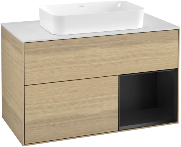 VILLEROY BOCH Toaletní skříňka Finion, s osvětlením, 2 výsuvy, 1000 x 603 x 501 mm, dubová dýha / černý matný lak / sklo bílé matné #F251PDPC