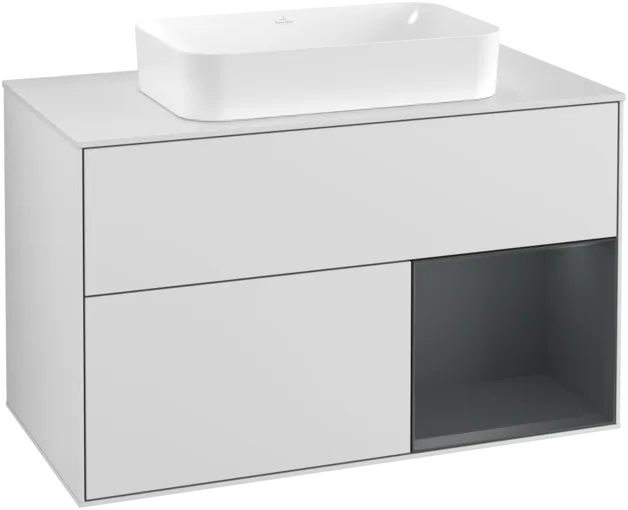 VILLEROY BOCH Toaletní skříňka Finion, s osvětlením, 2 výsuvy, 1000 x 603 x 501 mm, bílý matný lak / půlnoční modrý matný lak / bílé matné sklo #F251HGMT