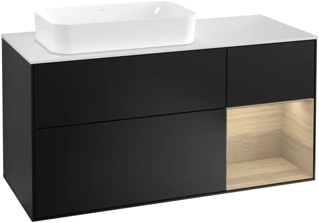 VILLEROY BOCH Toaletní skříňka Finion, s osvětlením, 3 výsuvy, 1200 x 603 x 501 mm, černý matný lak / dubová dýha / sklo bílé matné #F281PCPD